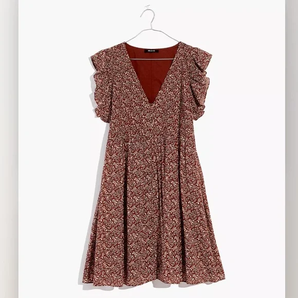 madewell brown floral dress Women's The Melody Long-Sleeve Smocked Midi Dress in Dark Carob - Size XL